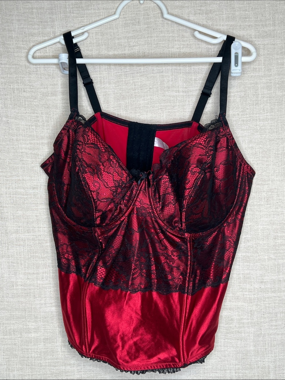 Cacique Red Satin Bustier with Black Lace Overlay